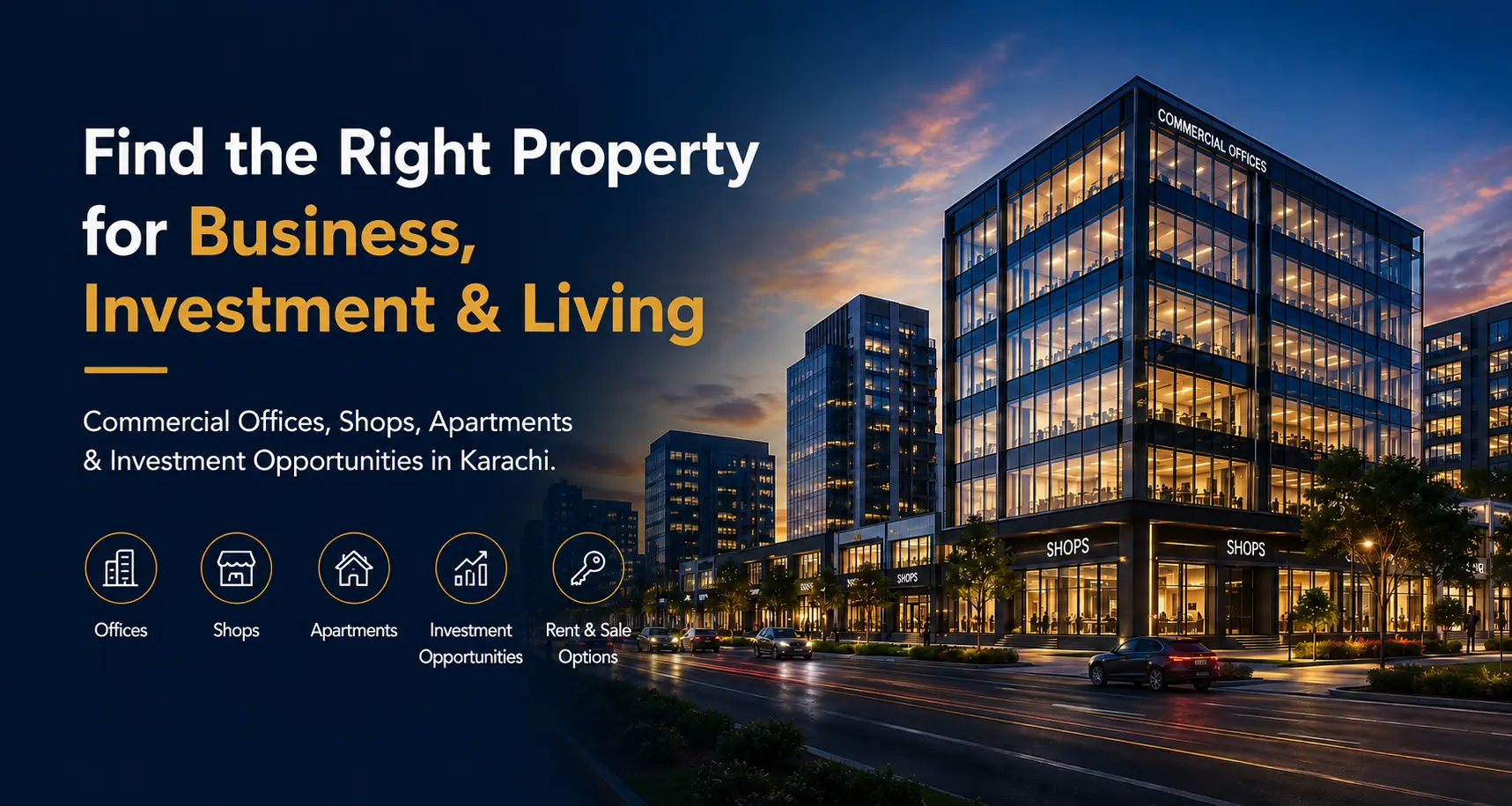 Modern commercial property and investment opportunities in Karachi including offices, shops, apartments, rent and sale options.