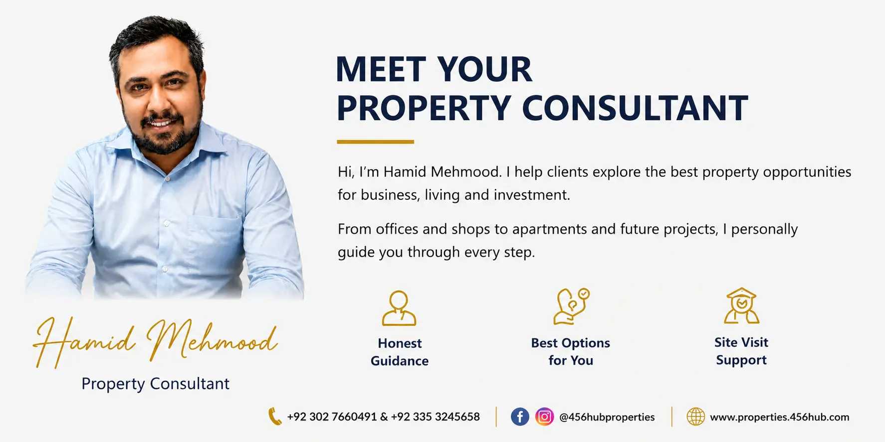 Hamid Mehmood property consultant banner for 456Hub Properties offering real estate services in Karachi