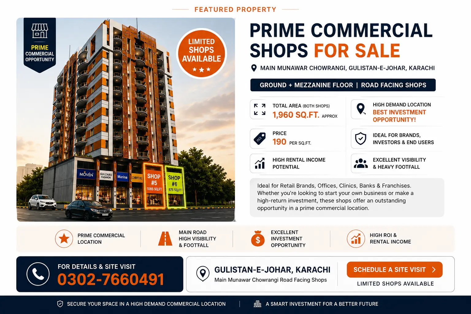 Prime commercial shops for sale at Main Munawar Chowrangi, Gulistan-e-Johar, Karachi with road-facing ground and mezzanine floor retail spaces.